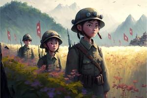 group of soldiers standing in a field of flowers. . photo
