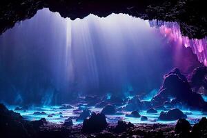 cave filled with lots of rocks and water. . photo