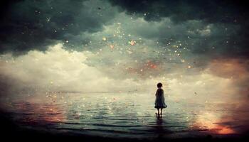 person standing in a body of water under a cloudy sky. . photo