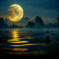 painting of a full moon over a body of water. . photo