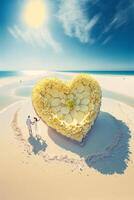 persona en pie en un playa siguiente a un corazón conformado flor. generativo ai. foto