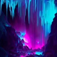 an ice cave with pink and blue lights. . photo