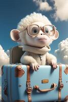 monkey with glasses sitting on top of a suitcase. . photo