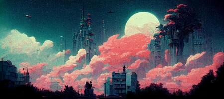 painting of a city at night with a full moon in the sky. . photo