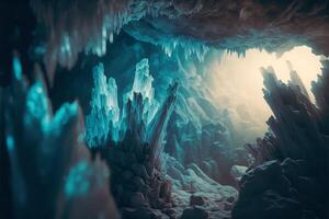 cueva lleno con un montón de hielo cubierto rocas generativo ai. foto