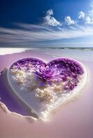 corazón conformado pastel sentado en parte superior de un arenoso playa. generativo ai. foto