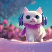 white cat wearing headphones and a purple scarf. . photo