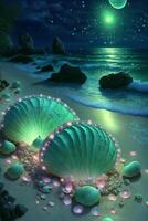 painting of seashells on a beach at night. . photo