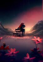 piano sitting in the middle of a field of flowers. . photo