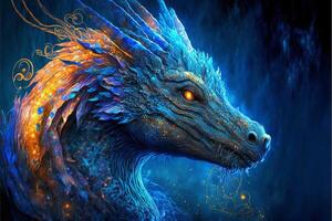 close up of a dragons head on a blue background. . photo