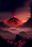 painting of a volcano with pink flowers in the foreground. . photo