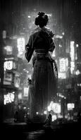 negro y blanco foto de un mujer en pie en el lluvia. generativo ai.