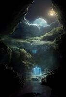 cave filled with lots of water under a full moon. . photo