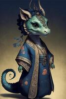 green dragon dressed in a blue robe. . photo