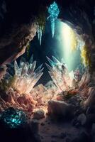 cueva lleno con un montón de cristales y rocas generativo ai. foto