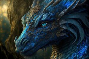 close up of a dragon with blue eyes. . photo