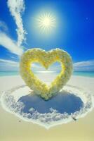 heart made out of flowers on a beach. . photo