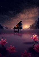 piano sitting in the middle of a field of flowers. . photo