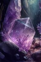 púrpura cristal sentado en parte superior de un pila de rocas generativo ai. foto