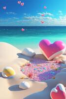 rosado corazón sentado en parte superior de un arenoso playa. generativo ai. foto