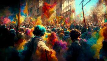 crowd of people covered in colored powder. . photo