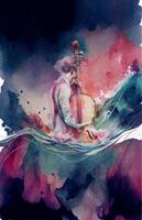 watercolor painting of a man playing a cello. . photo