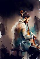 painting of a man playing a cello. . photo