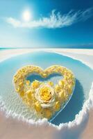 heart shaped cake sitting on top of a sandy beach. . photo