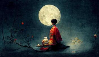 woman sitting on the ground in front of a full moon. . photo