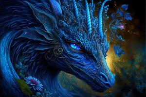 close up of a dragon with blue eyes. . photo