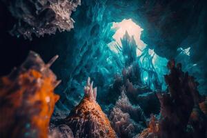 cueva lleno con un montón de diferente de colores rocas generativo ai. foto