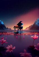 piano sitting in the middle of a field of flowers. . photo