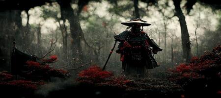 samurai standing in the middle of a forest. . photo