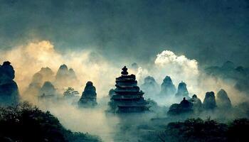 group of people standing on top of a mountain. . photo