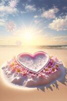 heart shaped cake sitting on top of a sandy beach. . photo