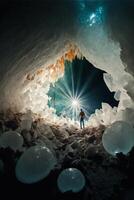 man standing inside of a cave filled with ice. . photo