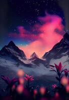 painting of a mountain with flowers in the foreground. . photo