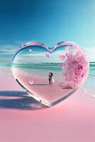 persona en pie en un playa siguiente a un corazón conformado objeto. generativo ai. foto