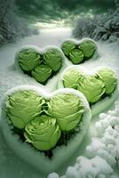 Tres verde rosas en el forma de un corazón en el nieve. generativo ai. foto