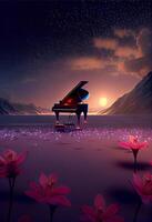 piano sitting in the middle of a field of flowers. . photo