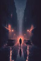 person walking down a city street at night. . photo