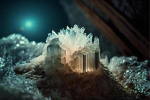 group of crystals sitting on top of a pile of snow. . photo