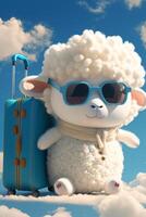 sheep with sunglasses and a suitcase in the sky. . photo