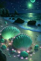 painting of seashells on a beach at night. . photo