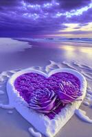 two roses in the shape of a heart on the beach. . photo