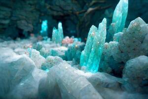 grupo de azul cristales sentado en parte superior de un roca. generativo ai. foto