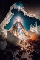 the sun shines through an ice cave. . photo