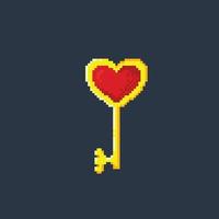 golden key with love shapein pixel art style vector