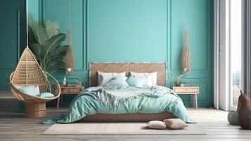 Home mockup, Coastal boho style bedroom interior background, 3d render. photo