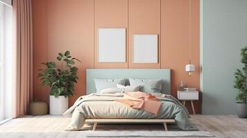 Picture frame mockup psd in a bright and clean modern bedroom. photo